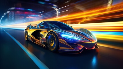 Fototapeta na wymiar Abstract futuristic racing sportscar on neon background