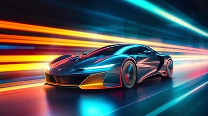 Obraz na płótnie Canvas Abstract futuristic racing sportscar on neon background