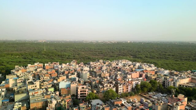 Delhi: Aerial view of capital city of India in spring - landscape panorama of South Asia from above