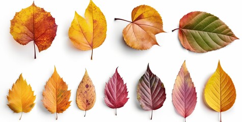Obraz premium Set of colorful autumn leaves isolated on a white background. Generative AI