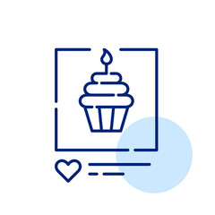 Birthday celebrations social media post. Cupcake with frosting and candle on top. Anniversary congratulations. Pixel perfect, editable stroke simple icon