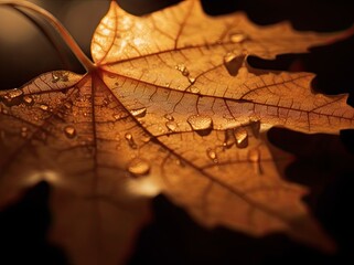 Brown maple leaf isolated on dark background. Autumn dry leaf. Generative AI