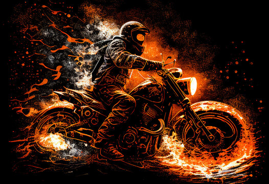 Watercolour abstract painting of an off-road motorcycle and rider where the motorbike is driving through fire and flames at an extreme sport event, computer Generative AI stock illustration image