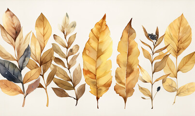 Watercolor autumn leaves collection on white background. Generative AI