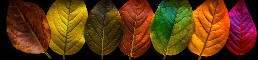 Fototapeta premium A layer of colorful leaves arranged in different colors. Generative AI