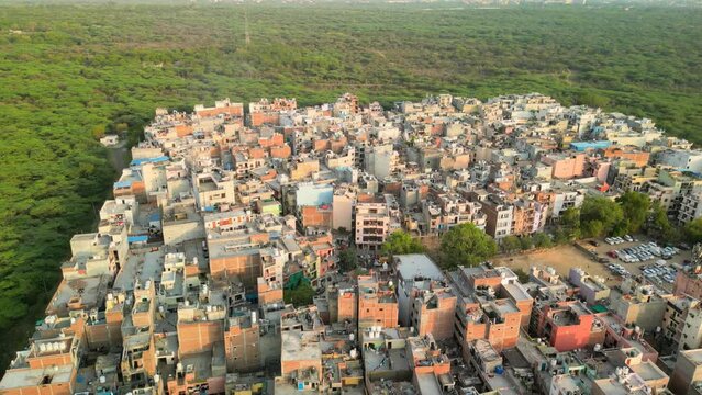 Delhi: Aerial view of capital city of India in spring - landscape panorama of South Asia from above