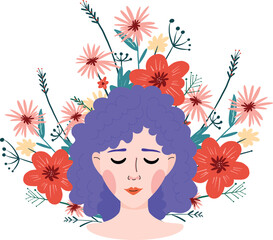Mental health awareness. Woman relaxed with closed eyes, curly hair and flowers. Flat, vector.