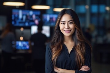 office work girl Pretty and cute smiling Asian model standing in front of the camera and background built up the office environment.;Generated with AI
