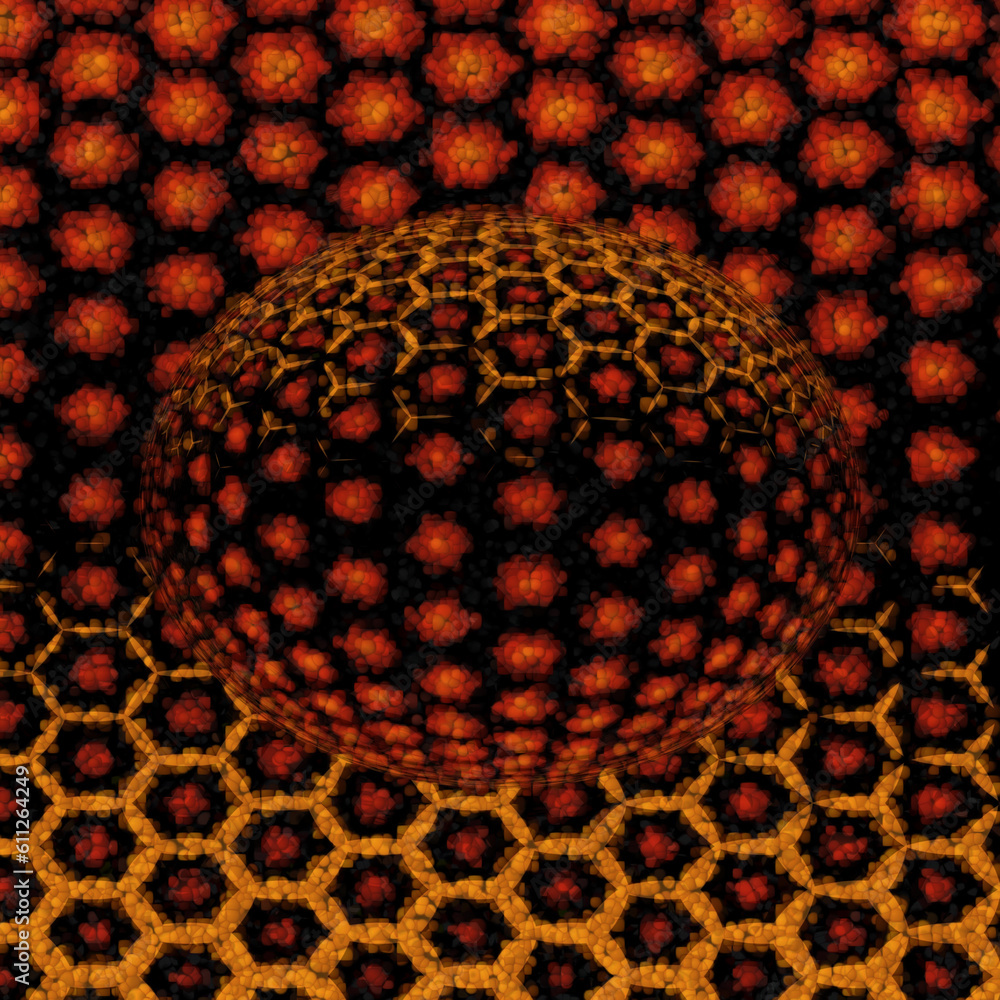 Poster gold and red hexagonal mosaic tiles over a sphere