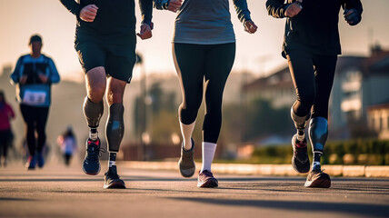 Naklejka premium Disabled marathon running race, people with prosthesis feet on city road at early morning. Generative AI.