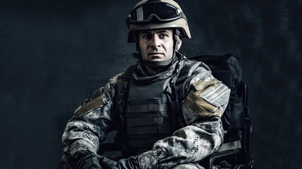 Obraz premium Disabled soldier in a military uniform sit on wheel chair on a dark background. Generative AI.