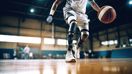 Naklejka premium Disbaled basketball player with prosthesis in action on the court. Close-up. Generative AI.