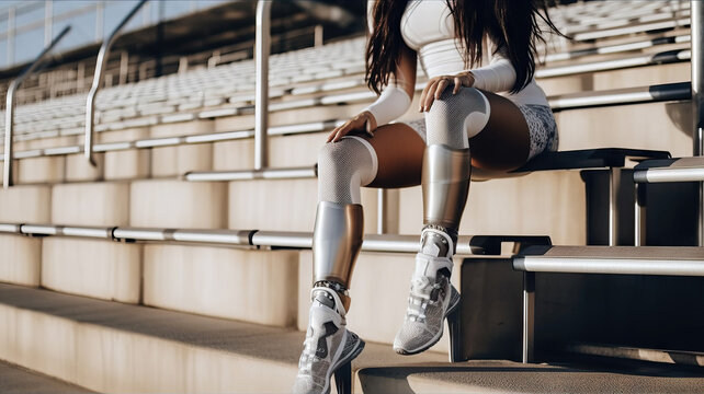Cropped image of disabled african american sportswoman with prosthesis legs in sportswear sitting on stairs at stadium. Generative AI.