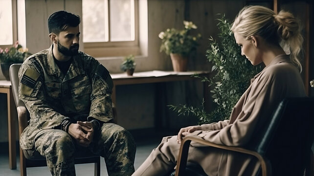 Upset pensive military soldier having therapy session with psychologist in office,suffering mental illness or posttraumatic stress disorder. Generative AI.