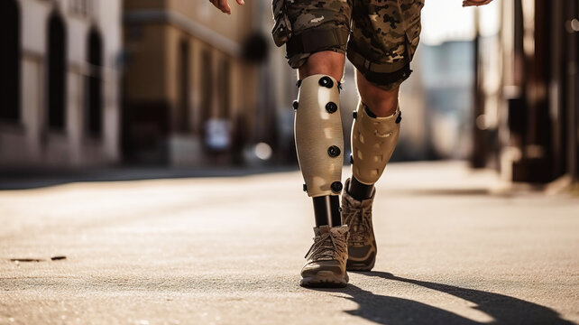Legs of a soldier man with prosthetic walking on the street. War takes away normal life. Generative AI.