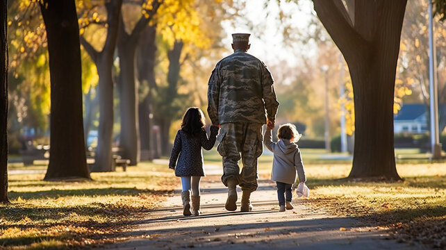 Military father walking with his two daughters in the park, back view. Generative AI.