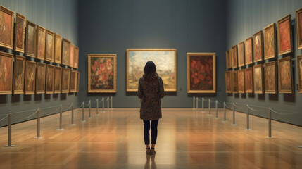Back view of woman in Art Gallery Appreciating Artwork. Generative Ai