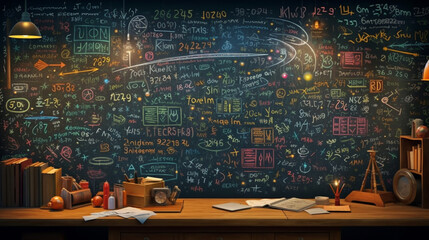 Fototapeta Blackboard inscribed with scientific formulas and calculations in physics and mathematics. Generative Ai obraz