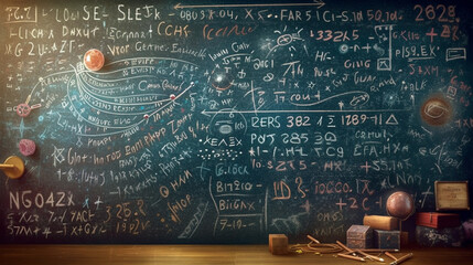 Blackboard inscribed with scientific formulas and calculations in physics and mathematics. Generative Ai - obrazy, fototapety, plakaty