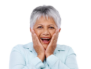 Surprise, wow and portrait of old woman on transparent background for announcement, good news and...