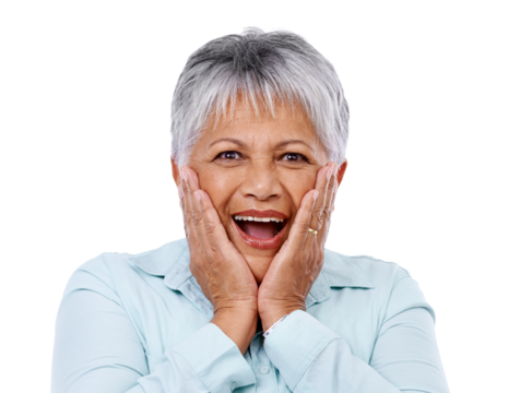 Surprise, wow and portrait of old woman on transparent background for announcement, good news and happiness. Shocked, deal and winner with face of senior model on png for success, giveaway and sale