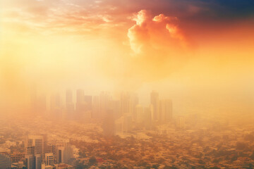 Fototapeta na wymiar Smog-filled city skyline, Climate change and environmental degradation, climate change, pollution, bokeh Generative AI