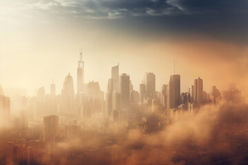 Fototapeta premium Smog-filled city skyline, Climate change and environmental degradation, climate change, pollution, bokeh Generative AI