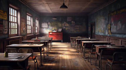 Fototapeta na wymiar Classroom in an abandoned school. Generative Ai