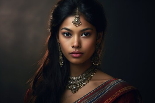 Lifelike beautiful Asian Indian woman with a striking appearance and traditional outfit poses for hyper-realistic studio portraits.;Generated with AI
