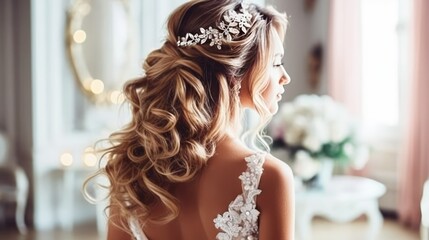 Stock photo of wedding hairstyles for long hair, look from the back, without text - generative AI - obrazy, fototapety, plakaty