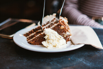 Carrot cake with two forks in Salamanca Markets, Tasmania, Australia