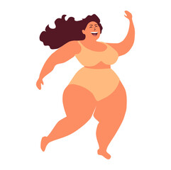 Bodypositive concept. Beautiful young active woman plus size happy provocatively dancing in a bikini. Modern vector illustration cartoon character flat style