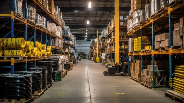 Stock photo of warehouse room with stuff tools equipment on the factory, without text - generative AI