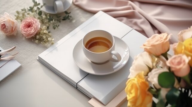 Coloring book mockup, chic feminine white modern desk with coffee and staples, with roses in a vase - generative AI