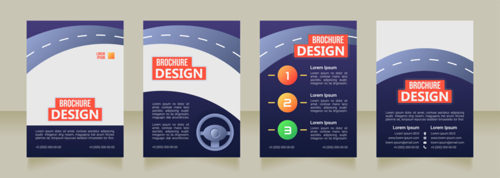 Defensive driving school blank brochure design. Template set with copy space for text. Premade corporate reports collection. Editable 4 paper pages. Bebas Neue, Ebrima, Roboto Light fonts used