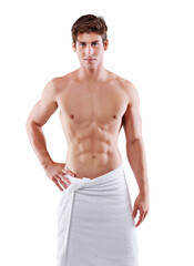 Towel, abs and portrait of man isolated on a transparent, png background for beauty, skincare and...