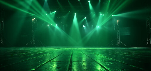 Green spotlights shine on stage floor in dark room. Generative Ai