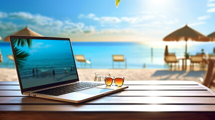 laptop on wooden table on the beach tropical sea vacation resort internet connection pc online job ,generated ai