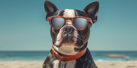 Fototapeta na wymiar Coastal Companions: Cute Boston Terrier Dog Wearing Sunglasses, Spreading Happiness on the Beach. Generative AI