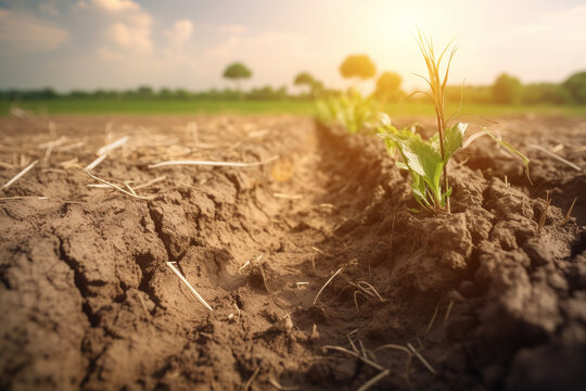 Severe soil erosion in agricultural fields, Climate change and environmental degradation, climate change, pollution, bokeh Generative AI