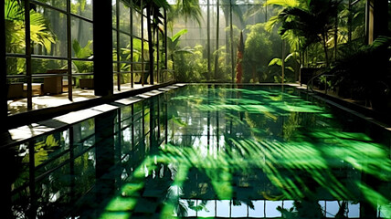 Swimming pool in beautiful scenery, swimming pool in the jungle, swimming pool in a luxury hotel, relax. Ai illustration, fantasy digital painting, Generative AI