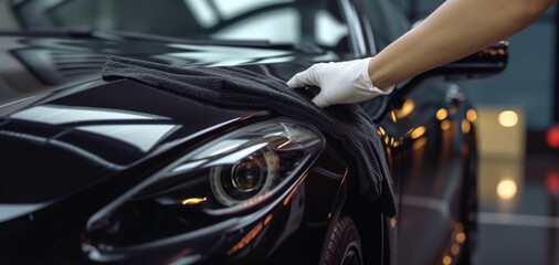Obraz na płótnie Canvas Male hand cleaning black car with microfiber cloth. Generative Ai