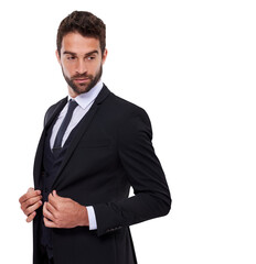 Fashion, serious and business man in suit isolated on a transparent png background. Confident, style and male model in formal, stylish and trendy clothes, fashionable and classy corporate outfit.