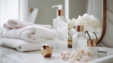 Fototapeta na wymiar Stock photo of face wash, serums, moisturizers, body lotions, skincare tools on the chic feminine white modern dressing desk, artistic, top view, realistic, vivid, without text