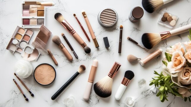 Stock photo of Eyeshadow, Lipstick, Brushes, Foundation, make up tools on the chic feminine white modern dressing desk, artistic, top view, realistic, vivid, without text - generative AI