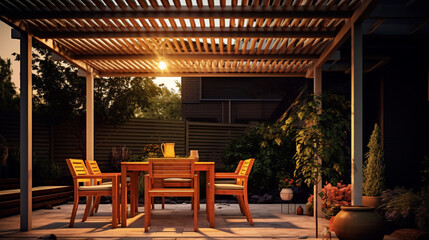 Obraz na płótnie Canvas Modern patio furniture with a a dining table, seats. Generative Ai