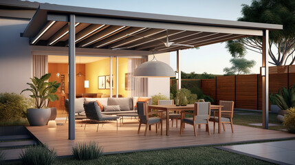 Fototapeta premium Modern patio furniture with a a dining table, seats. Generative Ai