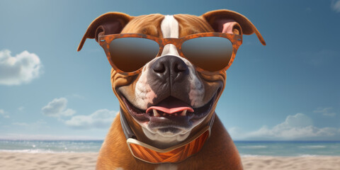 Fototapeta na wymiar Sunny Side of Life: Playful Boxer Dog with a Cute Smile and Funny Expression in Sunglasses at the Beach. Generative AI