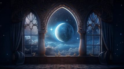 Fototapeta na wymiar Mystical window with moon in night sky. Generative Ai