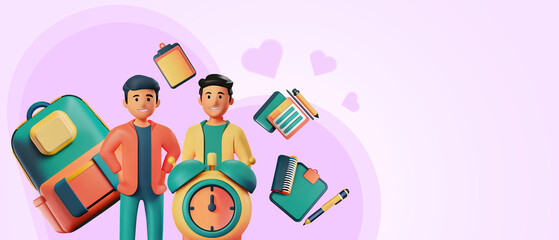 Meeting new friends concept. Roommates with school supplies arrangement in preparation for the start of the semester in pink background, watches, school bags, book. copy space, banner-3d rendering